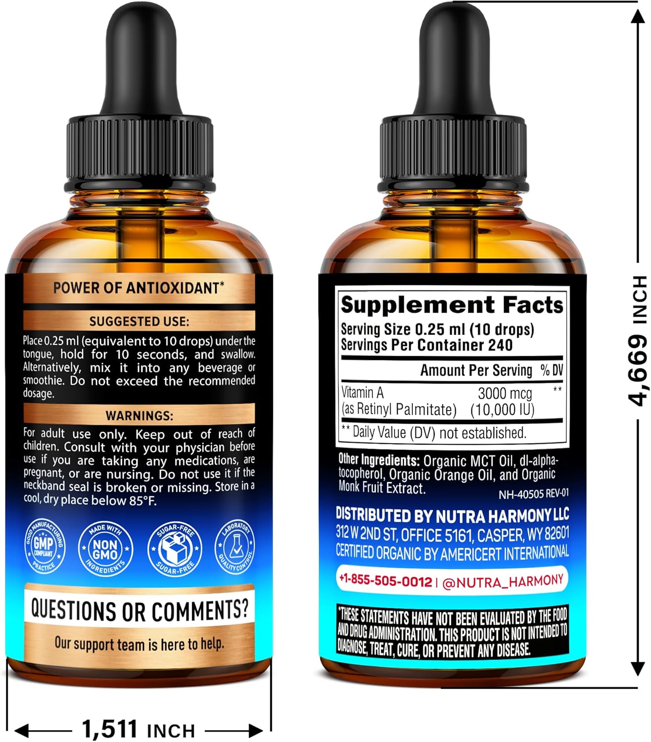 USDA Organic Vitamin A 10000 IU - Vitamin A Supplement Liquid Drops - Extra Strength for Skin Health, Eyes & Immune Support - Orange Flavour - Vegan & Sugar-free, Made in USA - 2 Fl Oz, 240-Day Supply