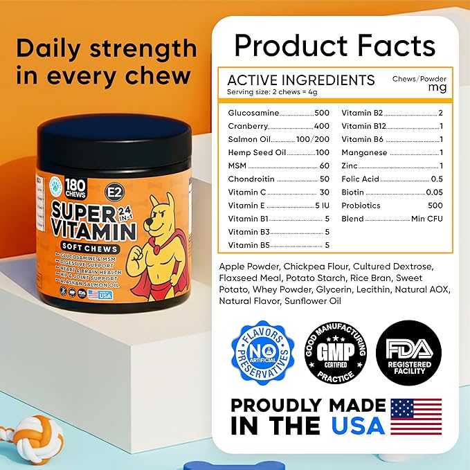 24-in-1 Dog Multivitamin with Glucosamine - Chewable Dog Vitamins and Supplements for Hip & Joints - Ideal for Immune Support and Digestive Health - Best for Senior Dogs and Puppies’ Skin & Heart