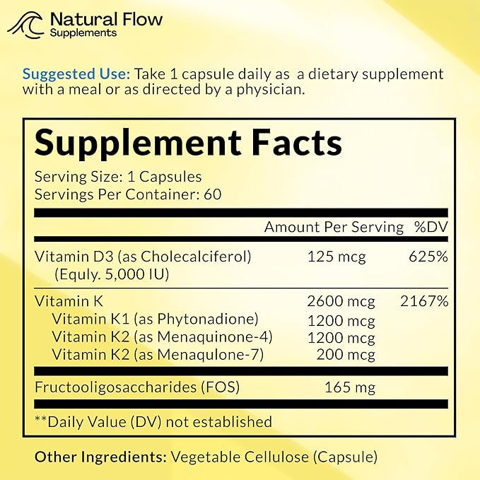 Vitamin D3 with K2 and K1 Supplement - Natural Flow Vitamin D3 and K Complex, D3 5000iu with Vitamin K2 MK4 + MK7 and K1 for Bone, Heart, and Immune Support - 60 Capsules