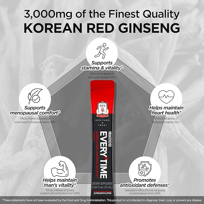 JUNG KWAN JANG Korean Red Ginseng Extract Everytime 3000mg | Sugar Free Energy Supplement, Ginseng Tea, Ginseng Supplement, Korean Food | Energy Boost, Stamina | 10 Count