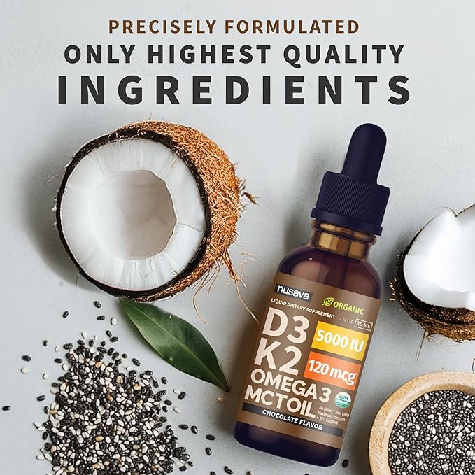 (2 Pack) Organic Vitamin D3 K2 Drops with MCT Oil Omega 3, 5000 IU, Maximum Strength Vitamin D Liquid, No Fillers, Non-GMO Liquid D3 for Faster Absorption and Immune Support (Chocolate, 2 Fl Oz)