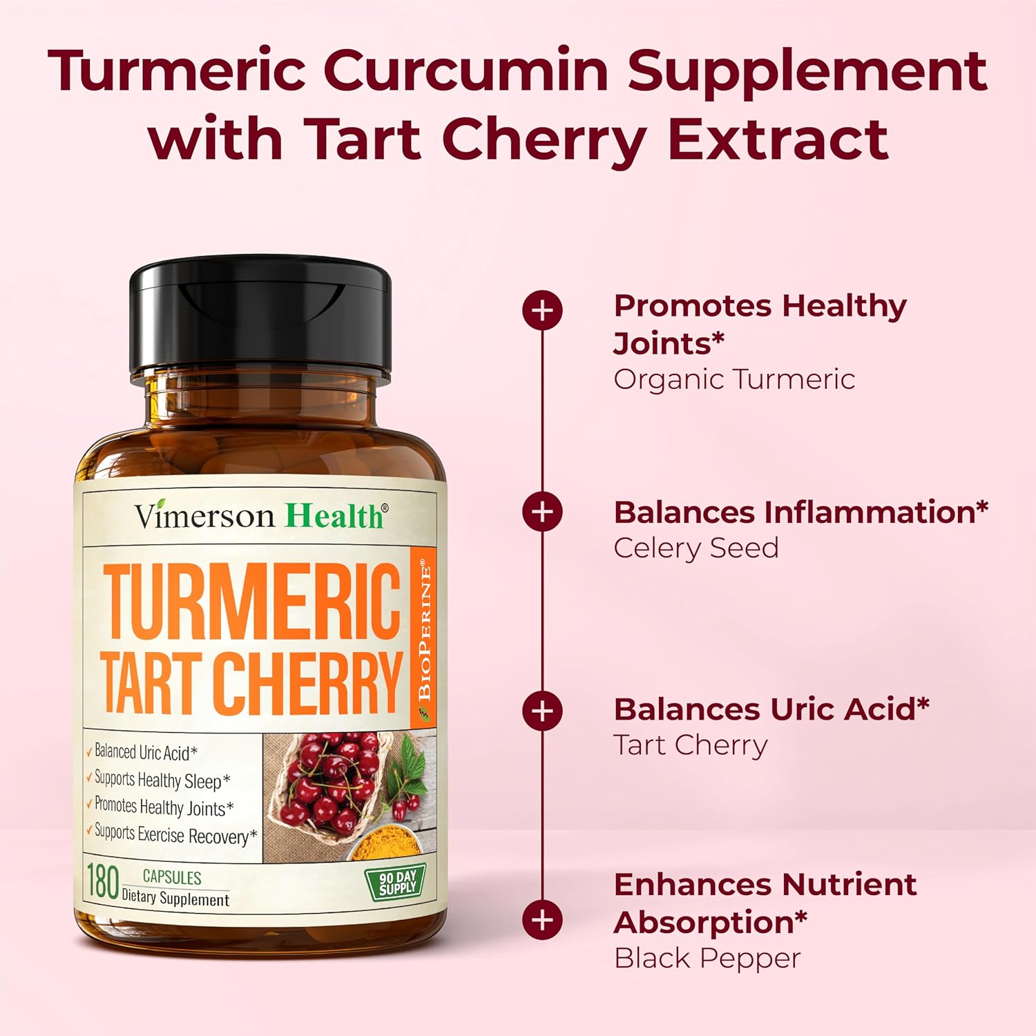 Turmeric Curcumin Supplement with 10:1 Tart Cherry Extract & Celery Seed Extract - Natural Uric Acid Balance, Joint Health & Sleep Aid - Turmeric Curcumin with Black Pepper. 180 Tart Cherry Capsules