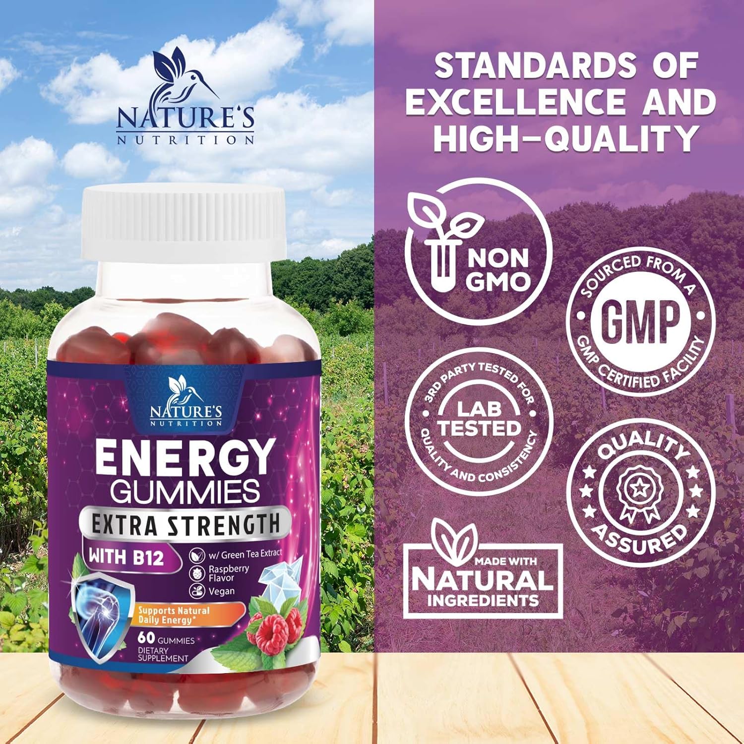 Energy Gummies 1000mcg - with Vitamin B12, Green Tea Natural Caffeine Support, Daily Energy Gummies - Delicious Berry Flavor B12 Chewable Exercise Supplement for Running Cycling & Sports - 60 Chews