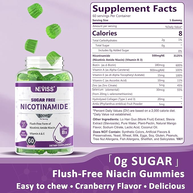 Sugar Free Nicotinamide 500mg Gummies, (Flush Free Niacin) Vitamin B3 Niacinamide Supplement for Cellular Energy Metabolism & Repair, Vitality, Healthy Aging, Cranberry Flavor, Easy to Chew, 120 Cts