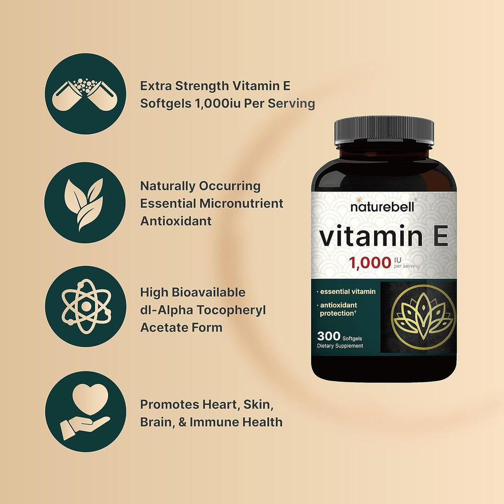 NatureBell Vitamin E Oil Softgels, 1,000 IU Per Serving, 300 Pills | Essential Antioxidant Supplements, Easily Absorbed Form – Supports Skin, Heart, & Immune Health – Non-GMO