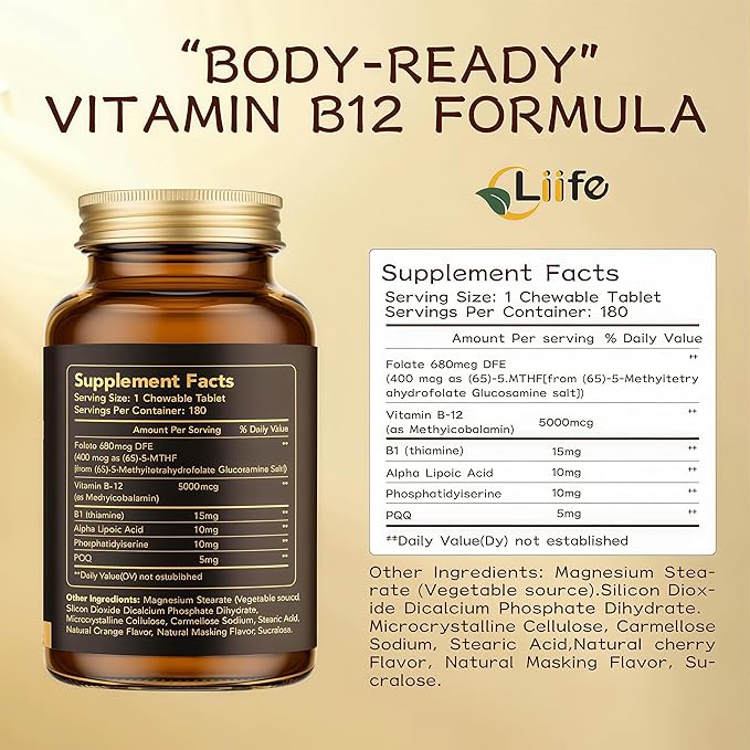 LIIFE Vitamin B12 (Methylcobalamin)+ PQQ 5000 mcg | 180 Chewable Tablets | Supports General Energy, Brain & Nervous System Health | Gluten Free | 1 Capsule per Serving*