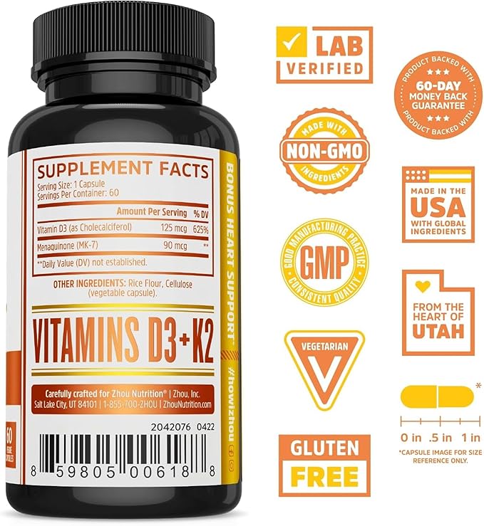 ZHOU D3+K2 - Vitamin D3 K2 Supplement for Women & Men, Immune Support VIT D3 and K2 Supplements, Pure Vegetarian Formula with 5000 IU of VIT D and MK-7-60 Veggie Capsules (Pack of 2)