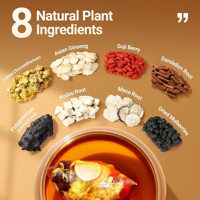 Ginseng Five Treasures Tea - 30 Bags, Caffeine-Free, Pure Herbal Blend with 8 Traditional Chinese Herbs Kidney Tea, Gentle Energy & Focus for Men and Women