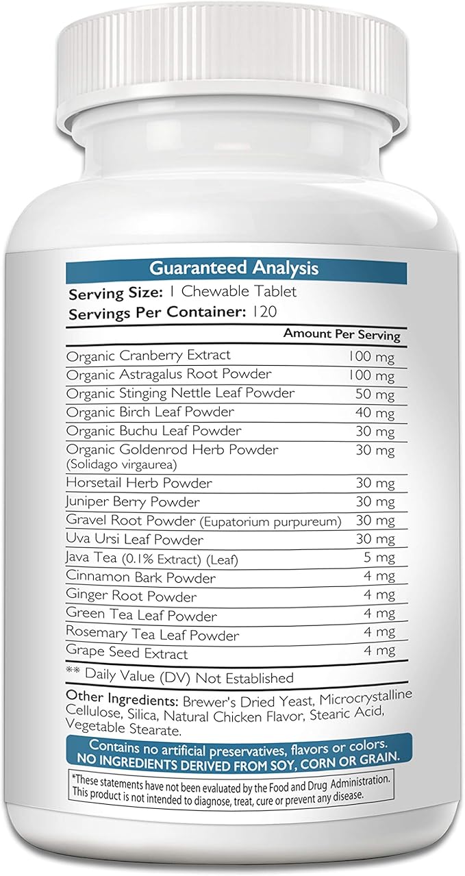 Kidney Support for Dogs - Renal, Bladder and Urinary Tract Health Supplement, Plus Immune and Digestive Support, with Organic Cranberry and Astragalus, 120 Chewable Tablets