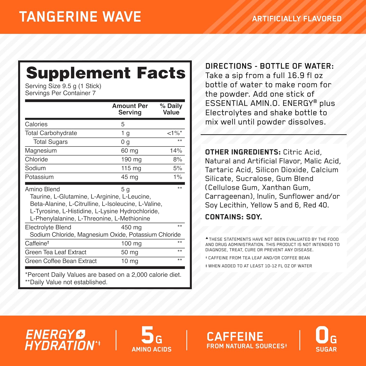 Optimum Nutrition Essential Amino Energy Plus Electrolytes Stick Packs, Energy Powder, Tangerine Wave, 7 Count