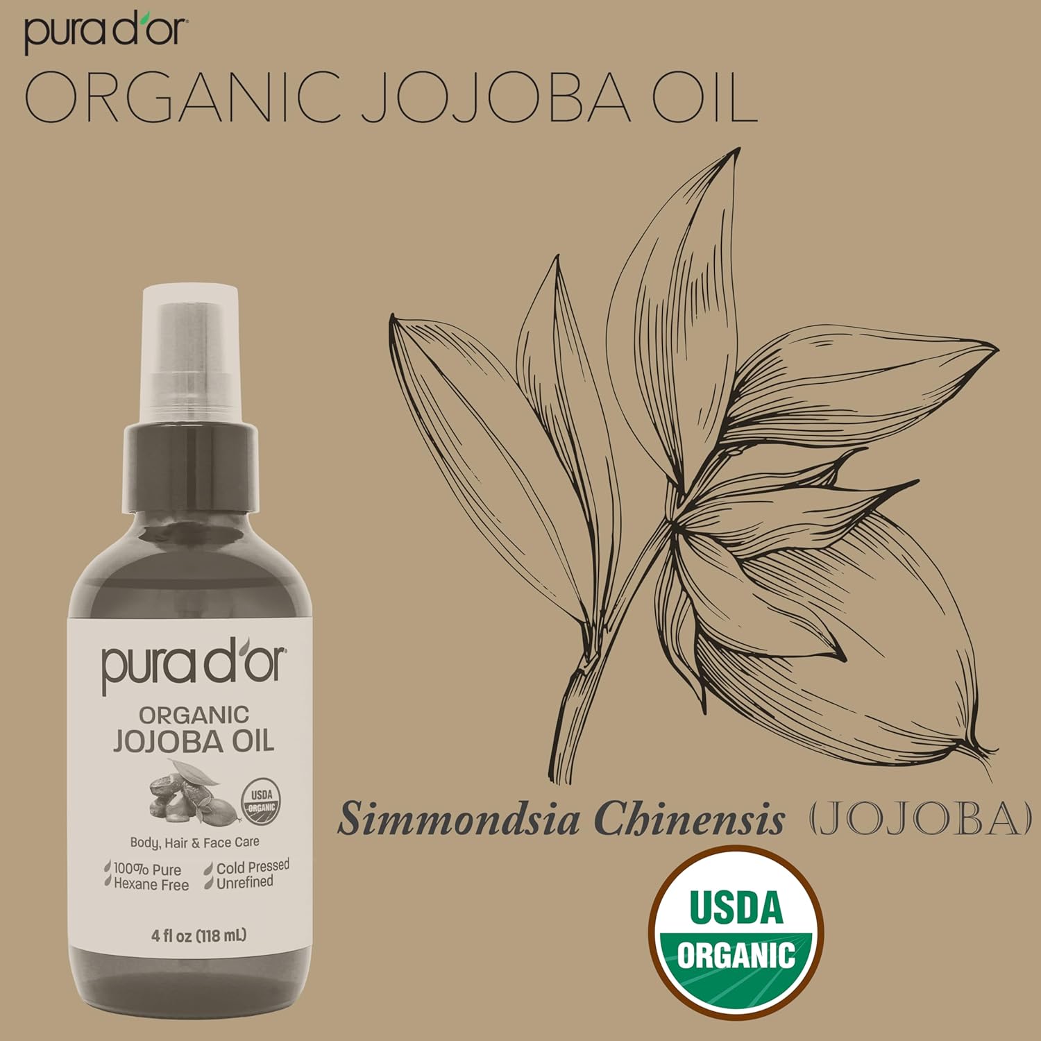 PURA D'OR 4 Oz Organic Jojoba Oil - USDA Certified - 100% Pure & Natural Moisturizer - Cold Pressed, Unrefined, Hexane Free Base Carrier Oil For DIY Skin Care, Hair, Face & Nails