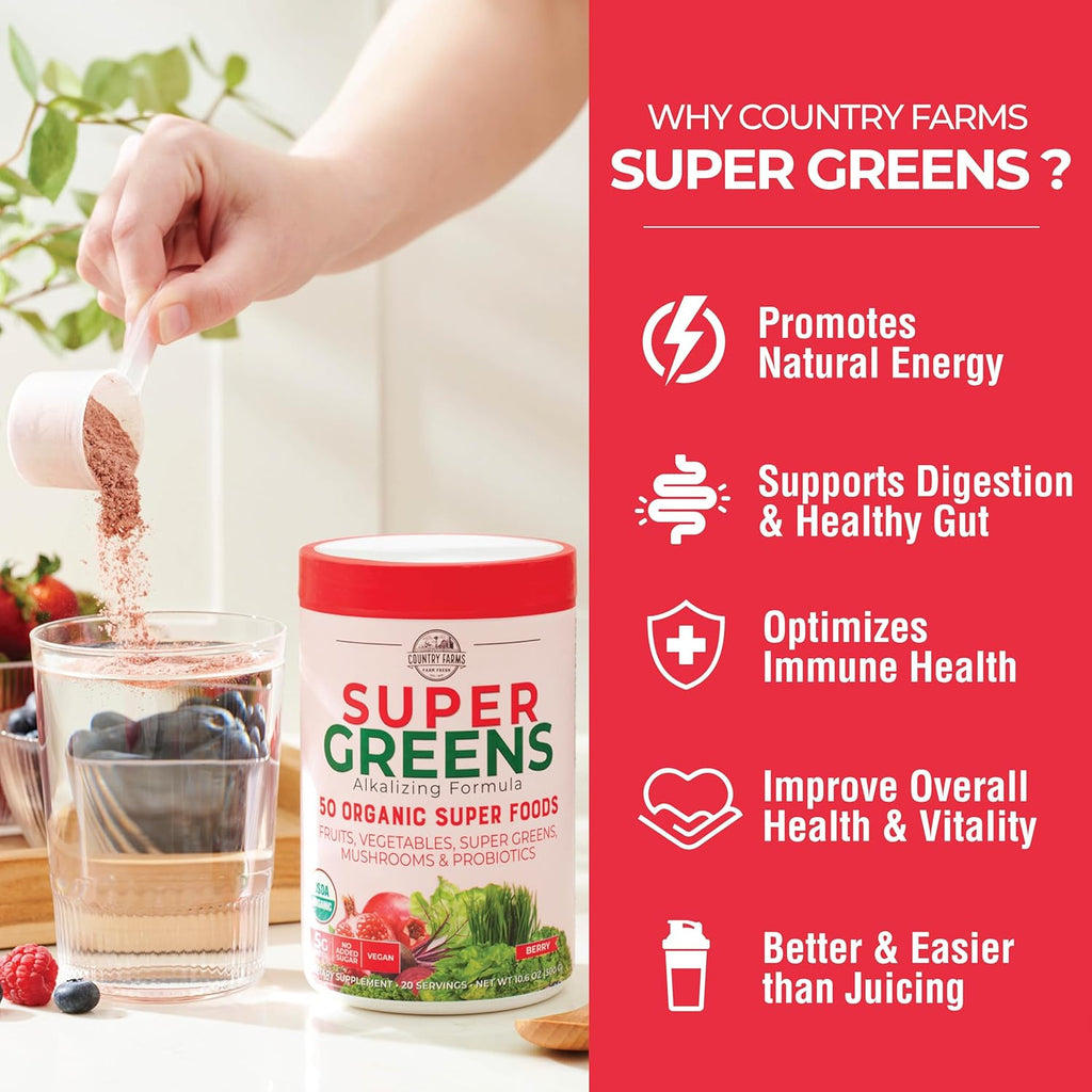 COUNTRY FARMS Super Greens Berry Flavor, 50 Organic Foods, USDA Drink Mix, Multicolor, Multi, 40 Servings, 21 Oz, 2 Pack