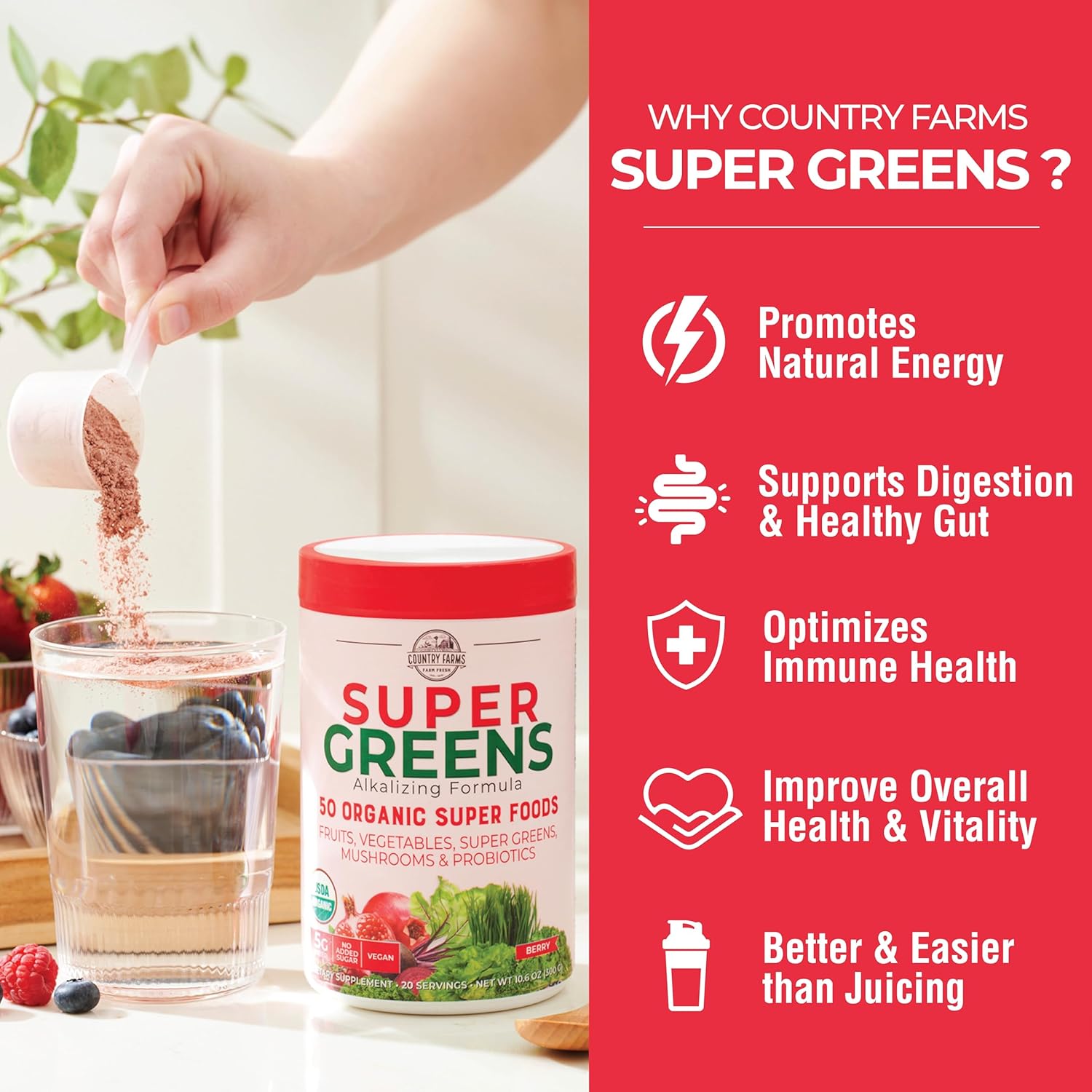 COUNTRY FARMS Super Greens Berry Flavor, 50 Organic Foods, USDA Drink Mix, Multicolor, Multi, 40 Servings, 21 Oz, 2 Pack
