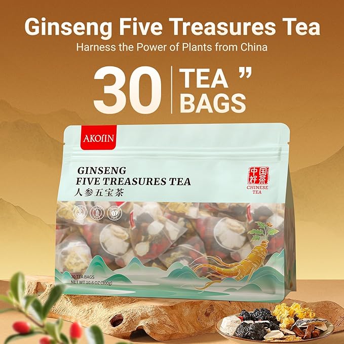 Ginseng Five Treasures Tea - 30 Bags, Caffeine-Free, Pure Herbal Blend with 8 Traditional Chinese Herbs Kidney Tea, Gentle Energy & Focus for Men and Women