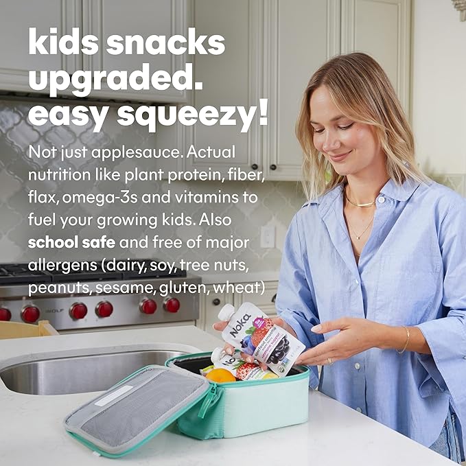 Noka Superfood Fruit Smoothie Pouches Ready to Drink with Brain Support, Healthy Snacks w/ 850mg Omega-3 Flax Seed Plant Protein Vegan Gluten Free Organic Fruit Squeeze Pouch Blueberry Acai 4.22 oz 6 Count