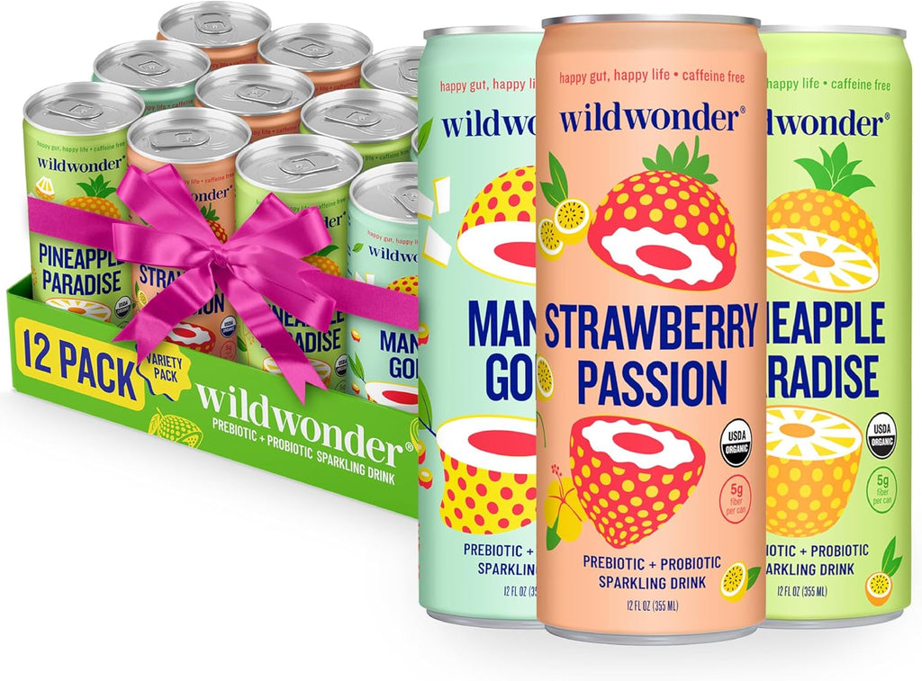 wildwonder Sparkling Probiotic Drink 12pk, For Gut Health & Immune Support, Tropical Vibes Variety, 5g Prebiotic Fiber, Live Probiotics, Organic, Vegan, Low Sugar, 12Pack, 12oz Can, Seen on Shark Tank