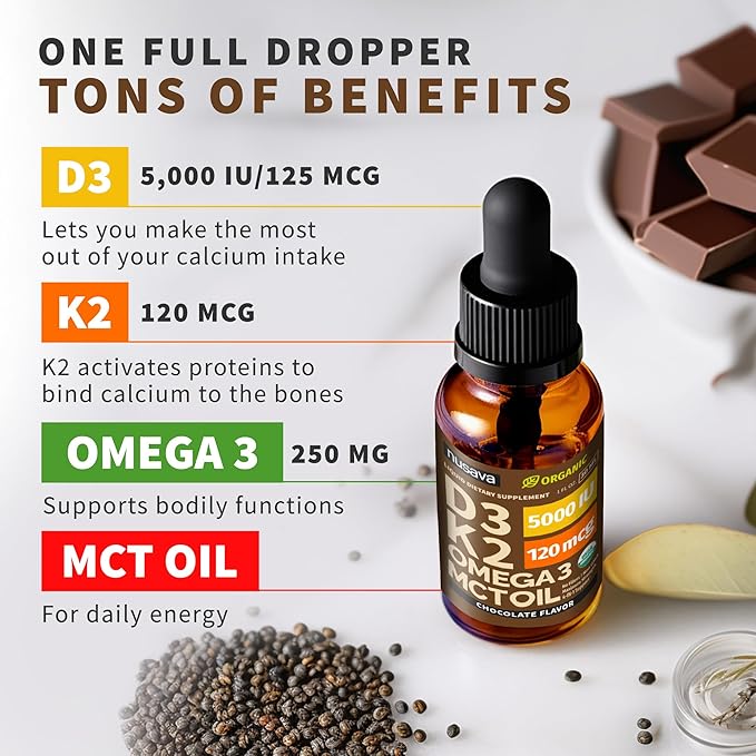 (2 Pack) Organic Vitamin D3 K2 Drops with MCT Oil Omega 3, 5000 IU, Maximum Strength Vitamin D Liquid, No Fillers, Non-GMO Liquid D3 for Faster Absorption and Immune Support (Chocolate, 2 Fl Oz)