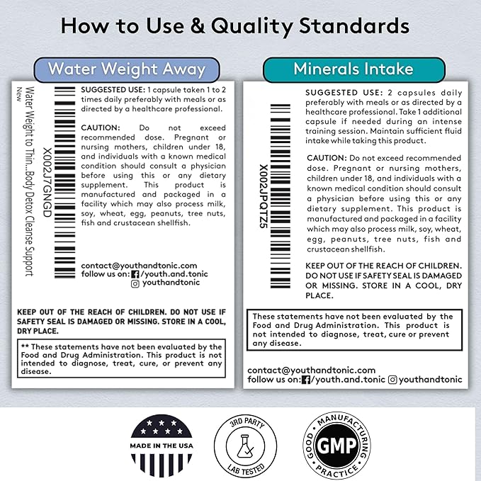 Youth & Tonic Water Weight Away Pills – Debloating & Water Retention Support for Belly Bloating, Natural Diuretic for Women & Men + Minerals Intake Electrolytes for Fluid Balance, 120 Capsules