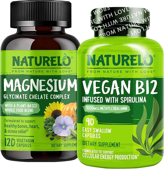 NATURELO Vegan B12 - Methyl B12 with Organic Spirulina - 90 Capsules and Magnesium Glycinate Chelate Complex - 120 Capsules Bundle