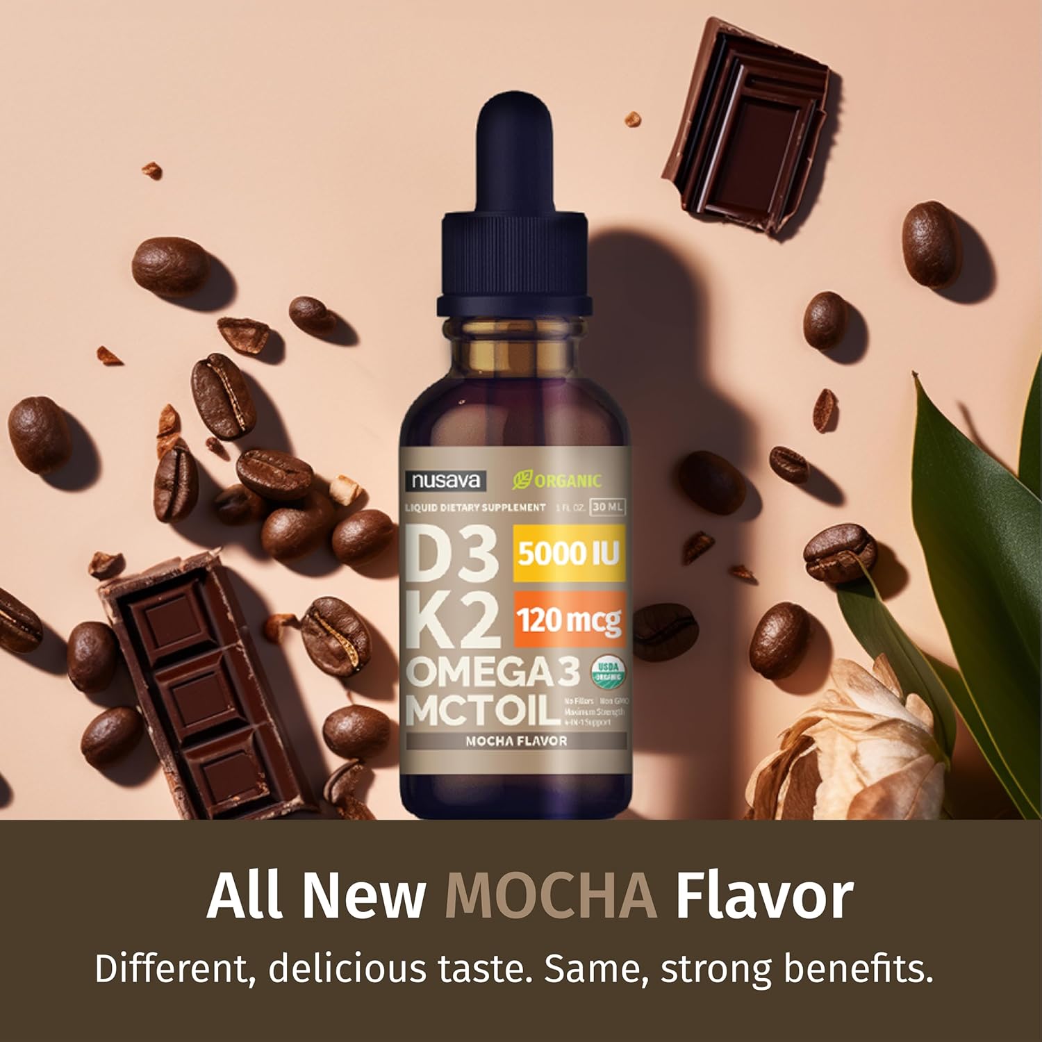 (2 Pack) Organic Vitamin D3 K2 Drops with MCT Oil Omega 3, 5000 IU, Maximum Strength Vitamin D Liquid, No Fillers, Non-GMO Liquid D3 for Faster Absorption and Immune Support (Mocha, 2 Fl Oz)