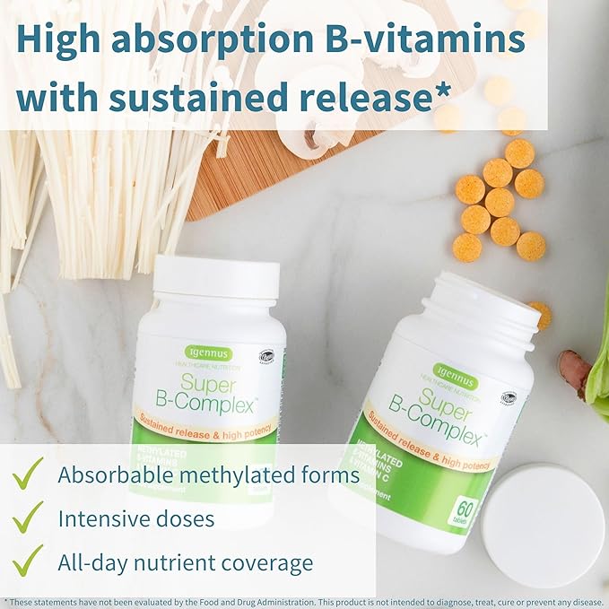 Igennus Super B-Complex Methylated B-Vitamins, MTHFR Supplement with Methylfolate & B12 Methylcobalamin, High Bioavailability & Potency, Vegan, Lab Verified, 180 Small Tablets