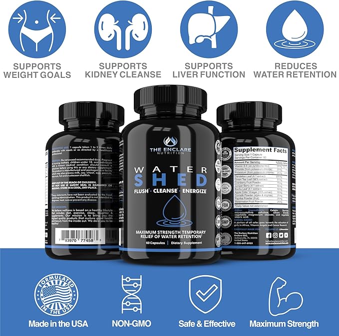 Water Pills Diuretic Water Retention - Liver Detox, Kidney Cleanse, Weight, Swelling Legs & Feet, Edema, Bloating Relief, Fluid Balance - Dandelion Vitamin B6 Green Tea Watershed Max Strength 60ct (1)