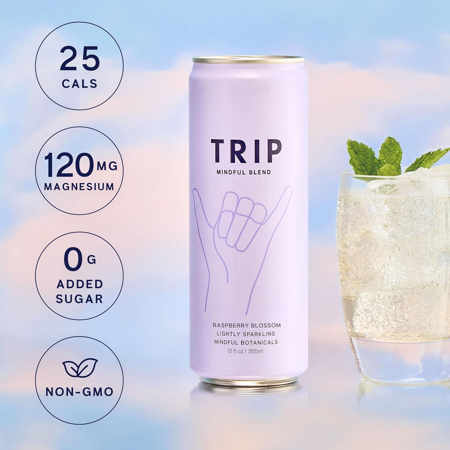 Trip Mindful Blend, Lightly Sparkling Adaptogen Seltzer, Mocktail w/ 120mg Magnesium Citrate with Ashwagandha, Lions Mane & L Theanine, No Added Sugar, Vegan, Raspberry Blossom, 12 Oz, 12Pk