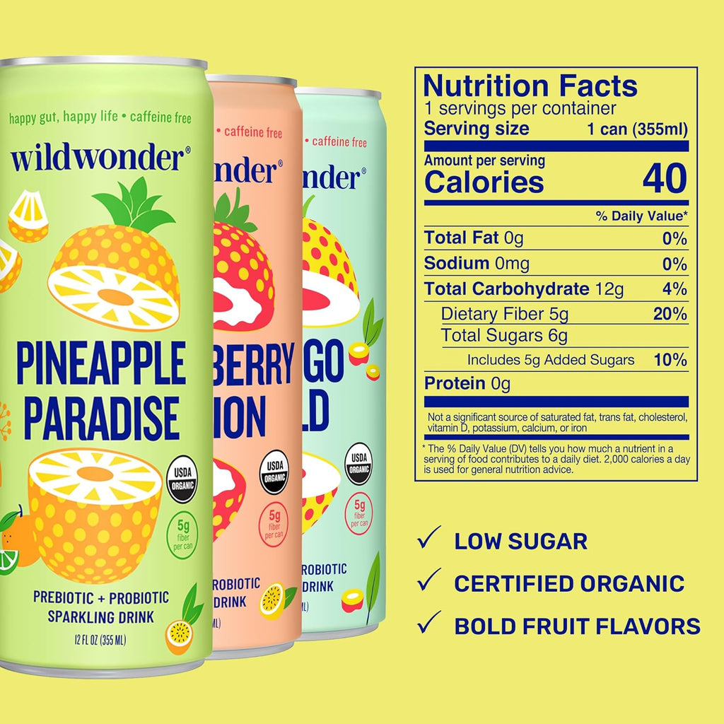 wildwonder Sparkling Probiotic Drink 12pk, For Gut Health & Immune Support, Tropical Vibes Variety, 5g Prebiotic Fiber, Live Probiotics, Organic, Vegan, Low Sugar, 12Pack, 12oz Can, Seen on Shark Tank