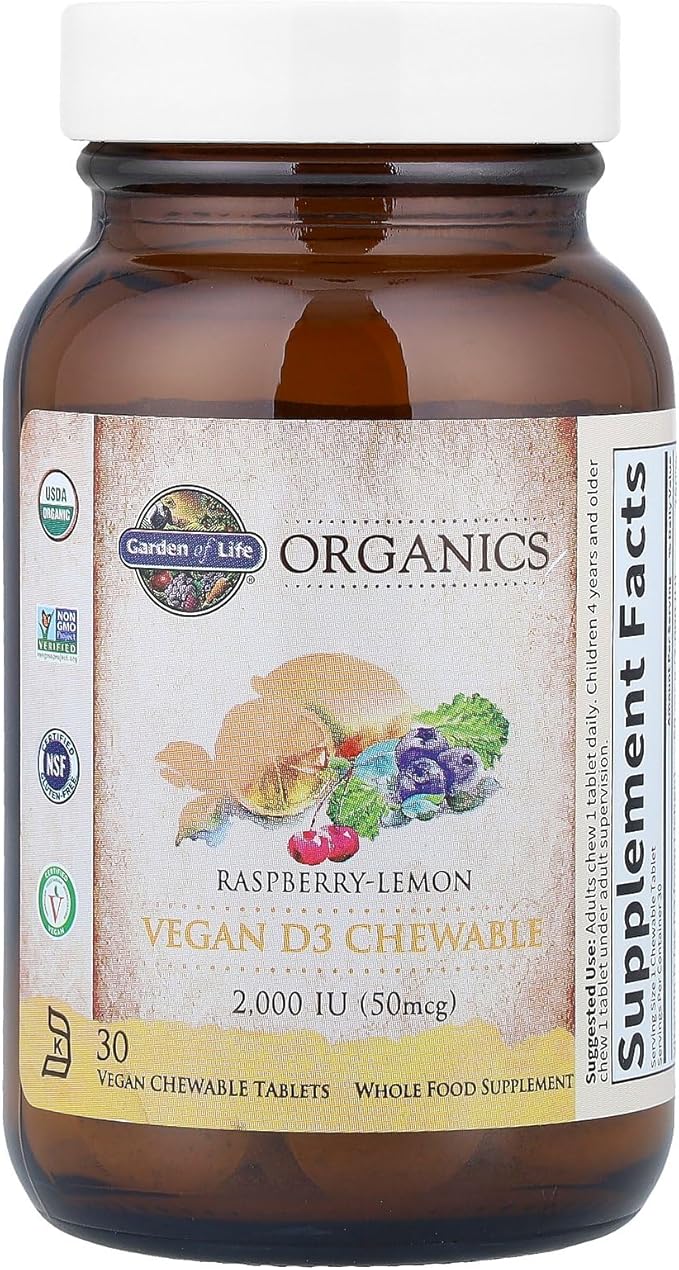 Garden of Life Organics Vegan Vitamin D3 Chewable - Raspberry Lemon, 2,000 IU (50mcg) Whole Food Vitamin D3 from Lichen Plus Food & Mushroom Blend, Gluten Free, 30 Chewable Tablets