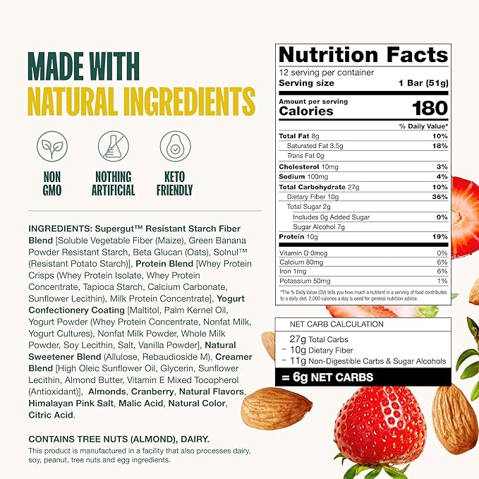 Supergut GLP-1 Boosting Prebiotic Bars, Strawberry Almond - Gut Healthy Protein Snacks & Breakfast Bars - Keto-Friendly Meal Replacement Energy Bars for Gut Health (12 Count)
