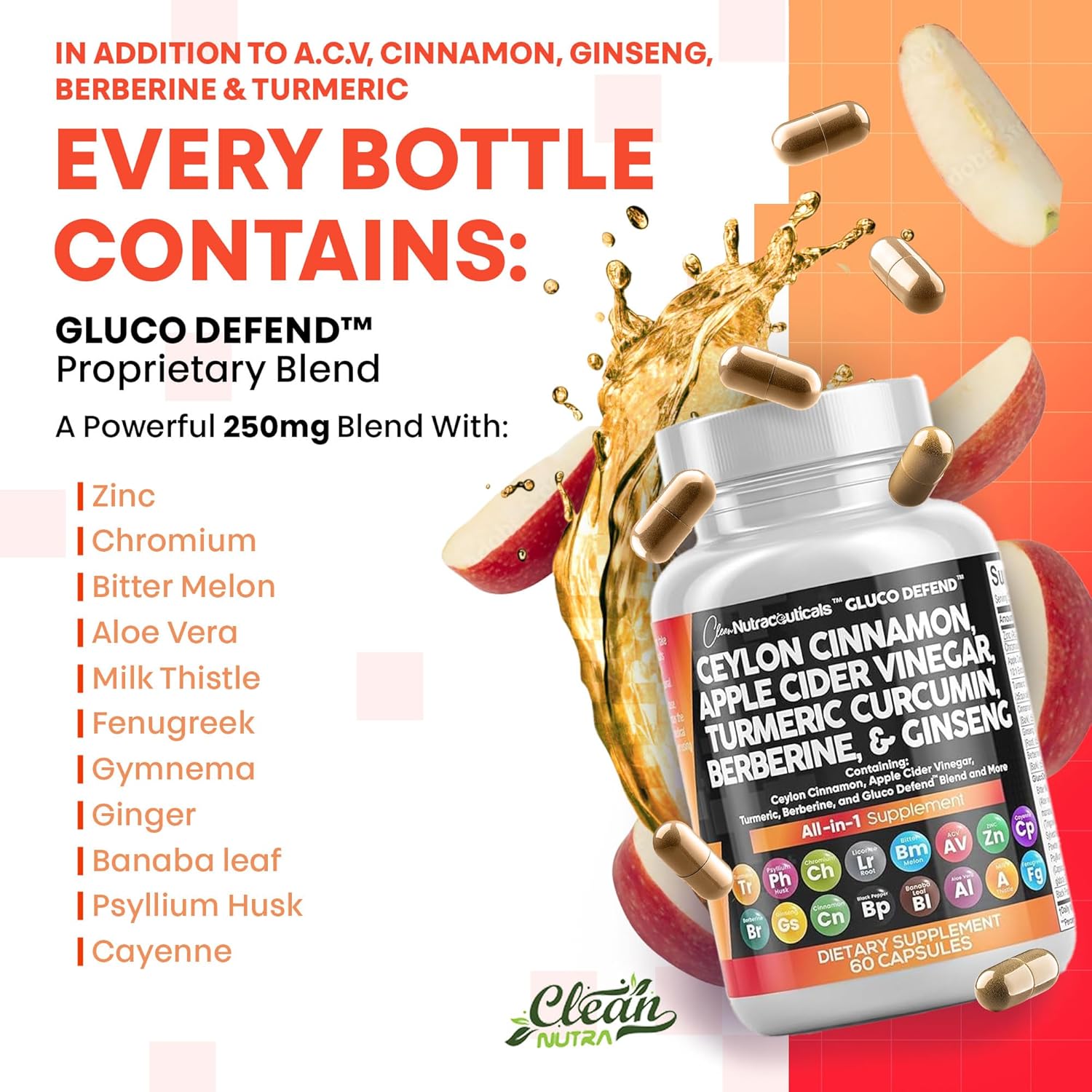 Clean Nutraceuticals Ceylon Cinnamon Turmeric Apple Cider Vinegar Ginseng Berberine Plus Bitter Melon Gymnema Milk Thistle Fenugreek