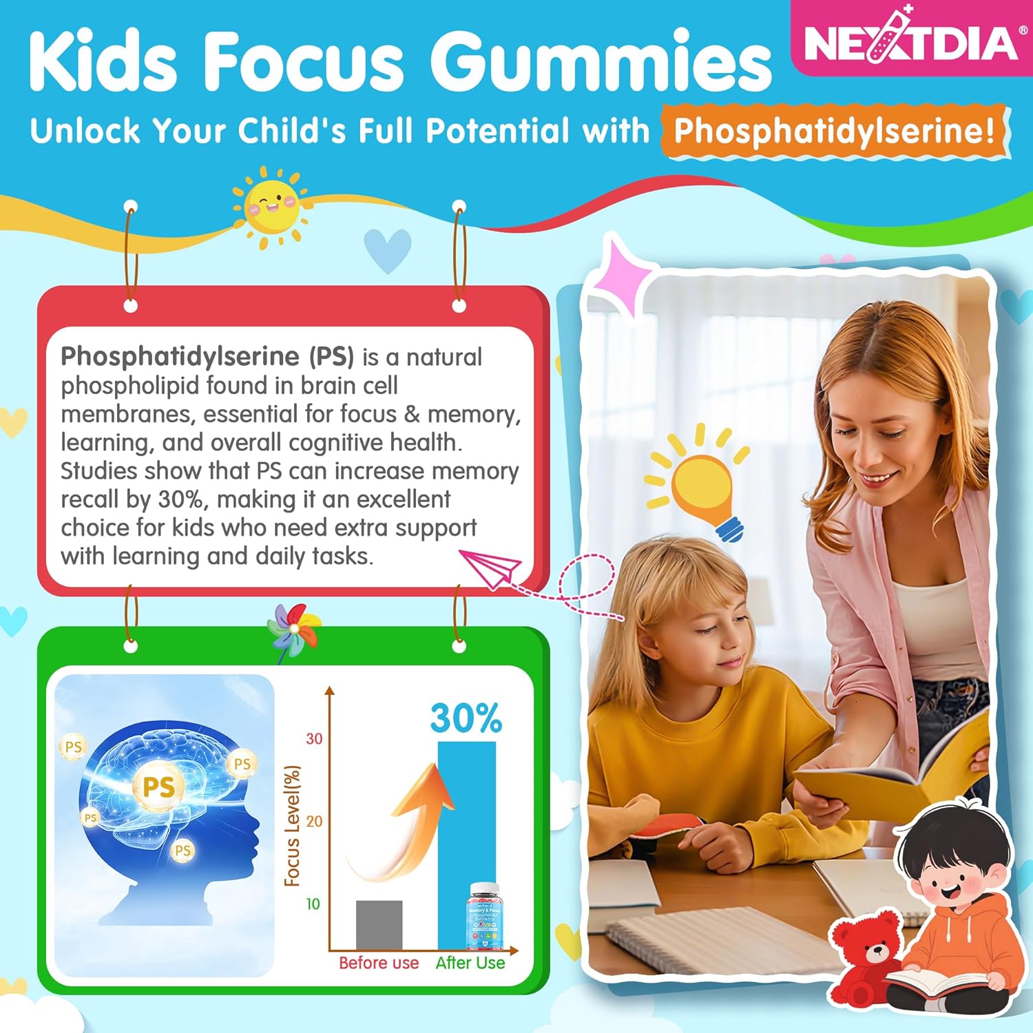 Phosphatidylserine Supplement 100mg, Focus Gummies for Kids Teens + Vitamin C & D3 400IU, Sugar Free Kids Brain Gummies Increase Attention & Concentration, Chewable, Vegan, Gluten Free, Non-GMO 60Cts