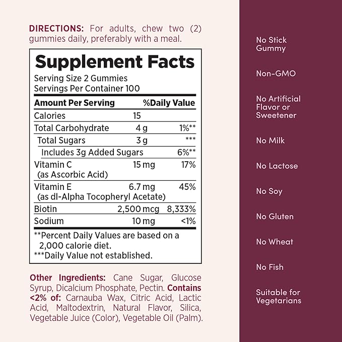 Nature's Bounty Optimal Solutions Hair, Skin and Nails Pectin Gummies, 2500 mcg Biotin Per Serving, No Stick Gummy, Vegetarian Formula, Strawberry Flavor, 200 Count, 100 Total Servings (Pack of 2)