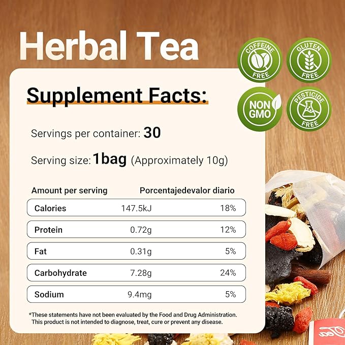 Ginseng Five Treasures Tea - 30 Bags, Caffeine-Free, Pure Herbal Blend with 8 Traditional Chinese Herbs Kidney Tea, Gentle Energy & Focus for Men and Women