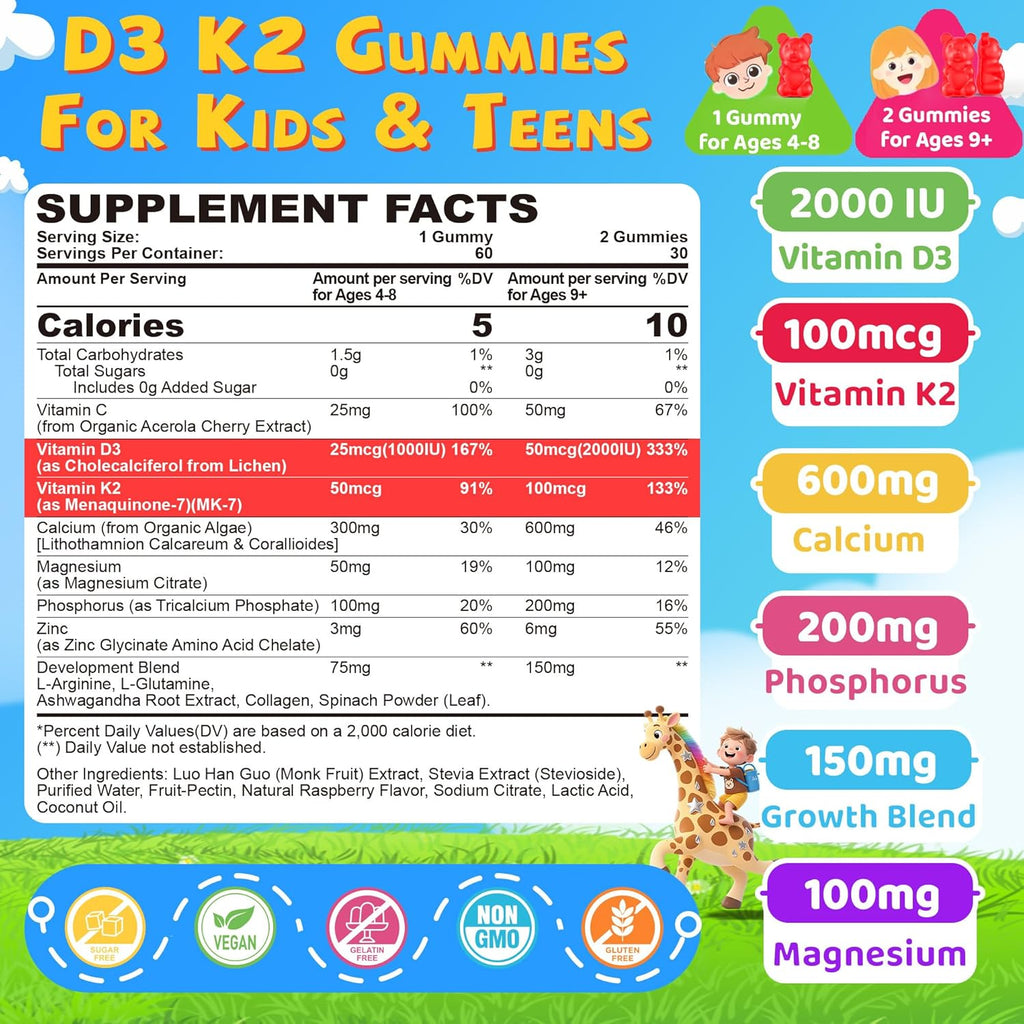 Vitamin D3 K2 Gummies for Kids + Calcium, Magnesium, Zinc, Phosphorus, Vitamin C, Kids Multivitamin D3 & K2 Supplement for Bone Health, Calcium Absorption, Focus & Immunity, Non GMO, Sugar Free, 2Pack