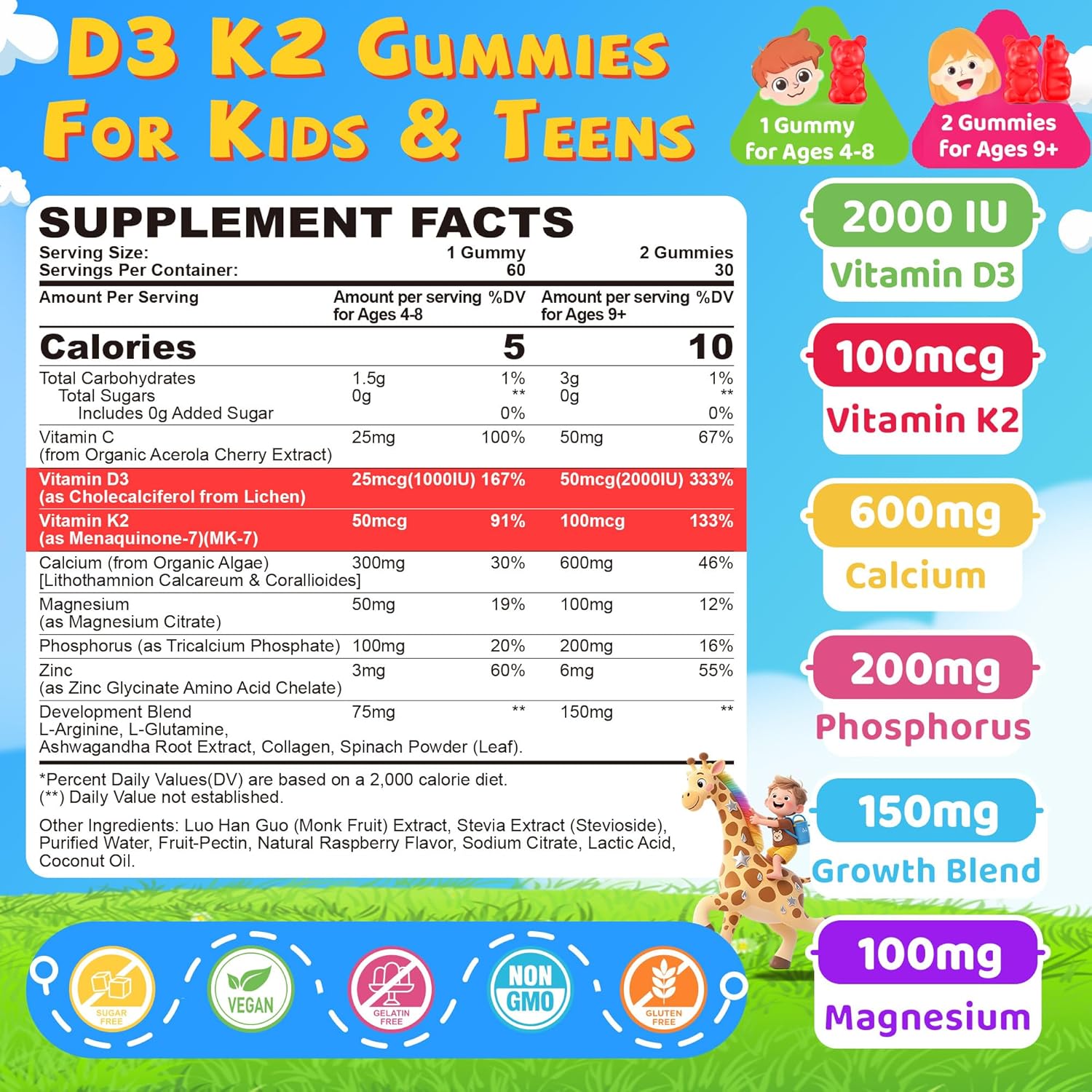 Vitamin D3 K2 Gummies for Kids + Calcium, Magnesium, Zinc, Phosphorus, Vitamin C, Kids Multivitamin D3 & K2 Supplement for Bone Health, Calcium Absorption, Focus & Immunity, Non GMO, Sugar Free, 2Pack