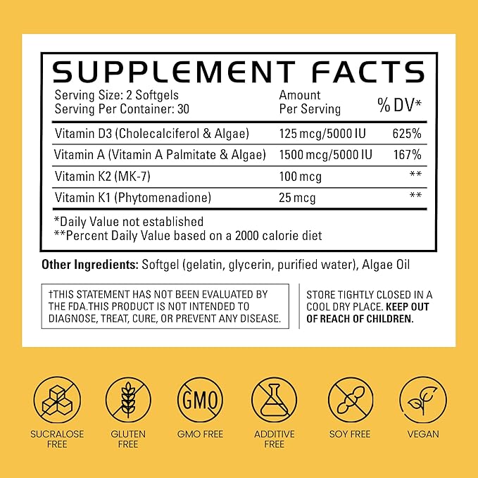 Gains in Bulk D3 K2 Supplement, Vitamin D3 5000 IU, Vitamin K2 100 Mcg, Vitamin A 5000 IU, Algae Oil with Omega 3, Wellness Support for Men & Women, Gluten Free, Vegan, Non GMO, 60 Softgels