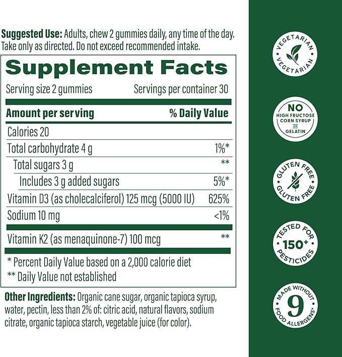 MegaFood Vitamin D3 K2 Gummies - Vitamin D 5000 IU for Bone & Immune Health Plus Support for Optimal Calcium Absorption - Peach Flavor, Pectin Based - 60 Vegetarian D3 and K2 Supplements, 30 Servings