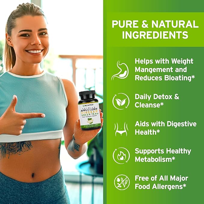 TRIO NUTRITION Apple Cider Vinegar Capsules with Green Tea - Natural Sugar Free Apple Cider Vinegar Pills with The Mother for Body Cleanse, Immune, Weight Management & Metabolism Booster*