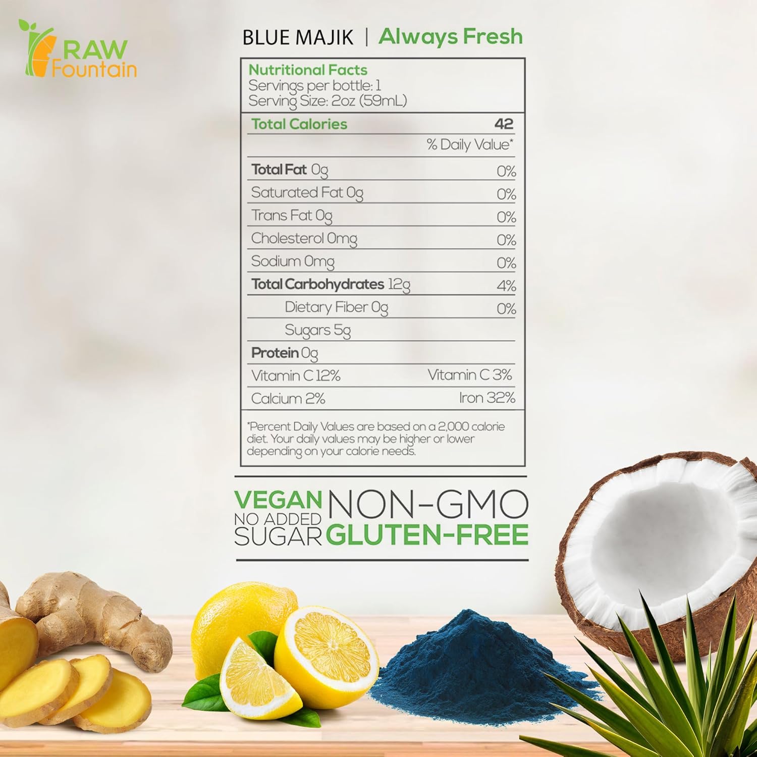 20 Immunity Shots w/Blue Spirulina, Agave, Lemon, Ginger 2fl Oz, Packed w/Vitamin C, Raw, Cold Pressed, Unpasteurized, Boosts Immunity, All Natural, No Artificial Flavors or Preservatives