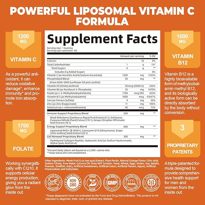 Liposomal Vitamin C Gummies for Adults, 1200mg Chewable Vitamin C Supplement with Elderberry, Zinc Iron & Folate etc - for Immune Support, Energy & Cell Health, Sugar Free, Orange Flavor, 60 Gummies
