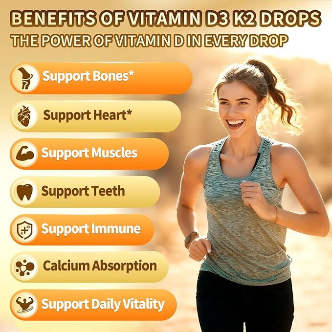 VivoNu Vitamin D3 K2 Drops, D3 20000 IU & K2 as MK-7 400mcg, Orange Flavor Vitamin D Liquid Drops Supplement with Magnesium, Calcium, Zinc & Omega 3 for Immune*, Mood*, Bone* Health