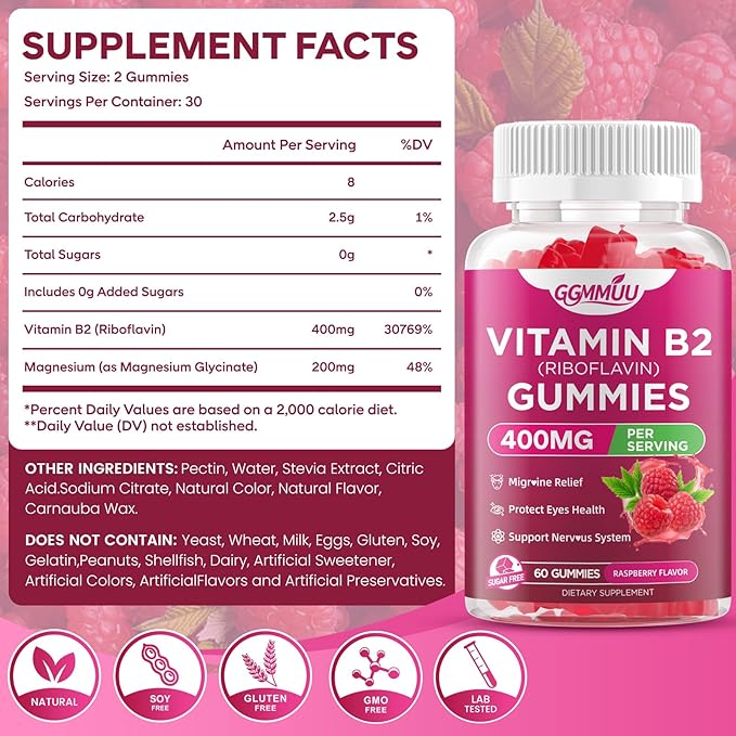 2 Pack Vitamin B2 Gummies Riboflavin 400mg Supplement with Magnesium for Kids & Adults B2 Gummies for Migra*ne Rel*ef, Nervous System Support & Skin Health, Raspberry Flavor, 120 Count