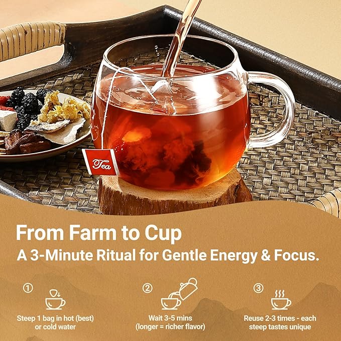 Ginseng Five Treasures Tea - 30 Bags, Caffeine-Free, Pure Herbal Blend with 8 Traditional Chinese Herbs Kidney Tea, Gentle Energy & Focus for Men and Women