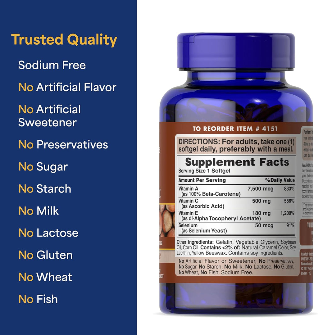 Puritan's Pride Premium Super Synergistic Antioxidant Formula, Dietary Supplement to Help Fight Premature Aging*, Vitamins A, C, E, and Selenium Mineral, 3 Month Supply, 100 Rapid Release Softgels