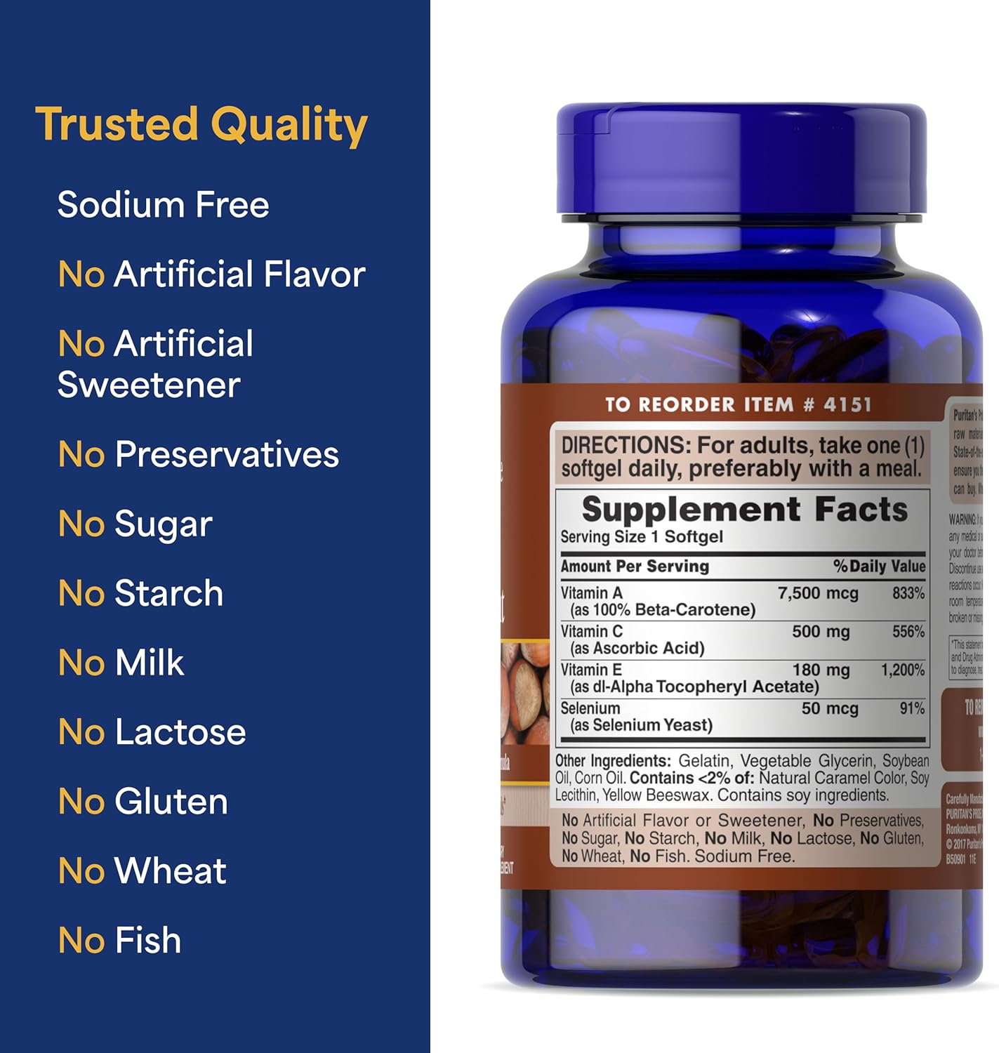 Puritan's Pride Premium Super Synergistic Antioxidant Formula, Dietary Supplement to Help Fight Premature Aging*, Vitamins A, C, E, and Selenium Mineral, 3 Month Supply, 100 Rapid Release Softgels