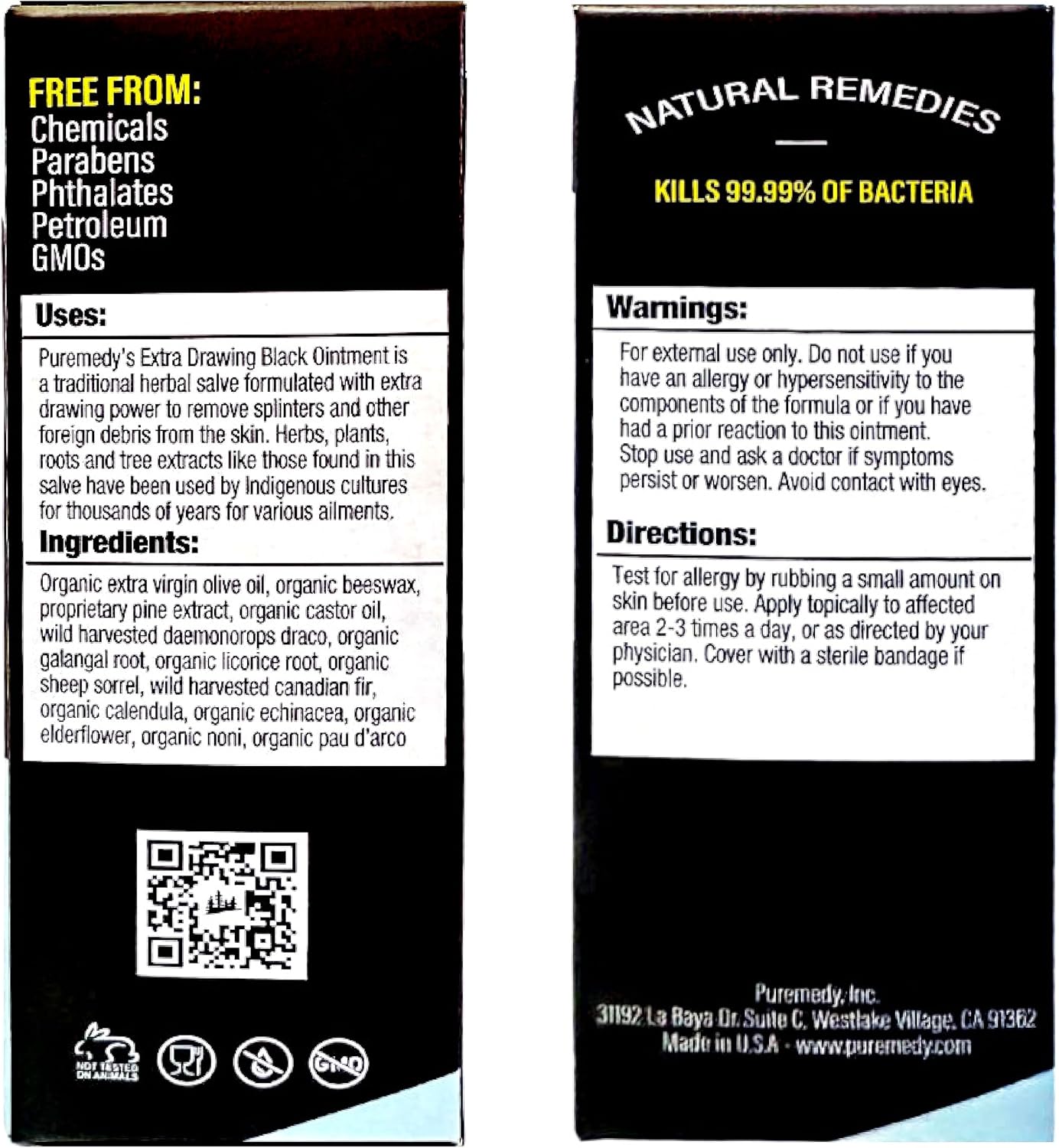 Puremedy Black Drawing Ointment- Natural Drawing Salve for Wounds, Burns, Cysts, and Skin Irritations - Organic First Aid Ointment for Adults, Kids, and Pets (0.5 oz)