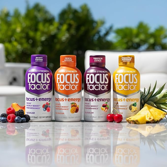 Focus Factor Focus + Energy Shots - 12 x 2oz Bottles (Tropical Punch Flavor) - Powered by Nootropics with Caffeine, L-Theanine, Ginkgo, Bacopa, L-Tyrosine, Alpha GPC