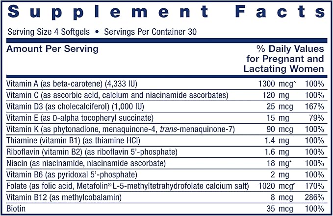 Life Extension Prenatal Advantage, Women’s multivitamin, Baby Support, folic Acid, Choline, omega-3s, Vitamin C, D3, B1, B6, B12, zinc, niacin, Gluten Free, Non-GMO, 120 softgels