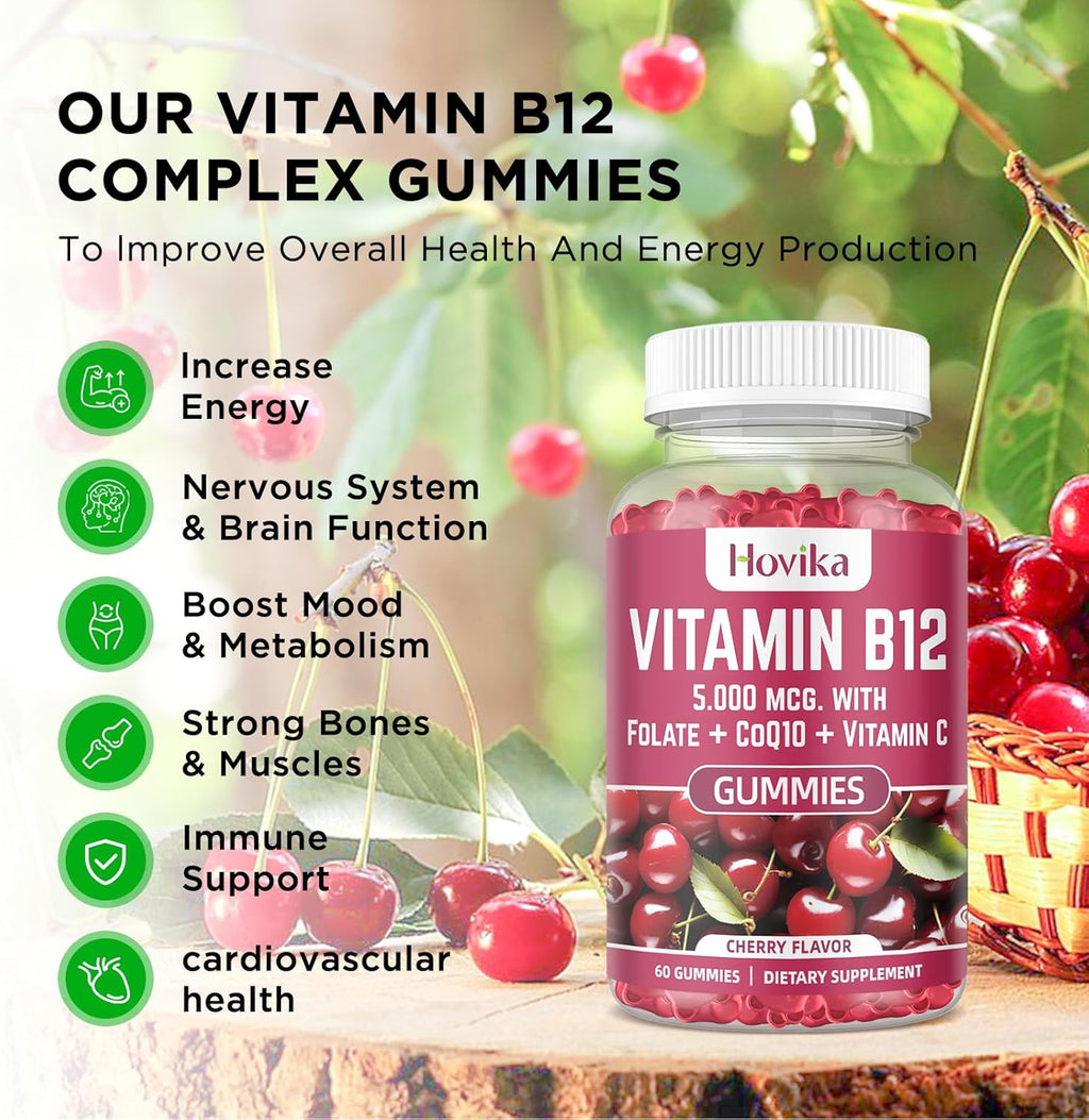 Vitamin B12 Complex 5000 mcg Methyl B12, Adenosyl B12 & Hydroxy B12, with Coenzyme Q10, Folate, Vitamin C, Chewable B 12 for Energy Support, Metabolism, Bone Health - Cherry Flavor